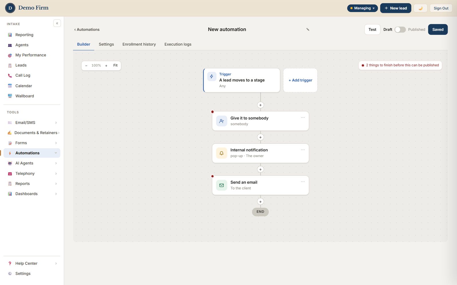 The automation builder: a trigger followed by assign, notify and email steps