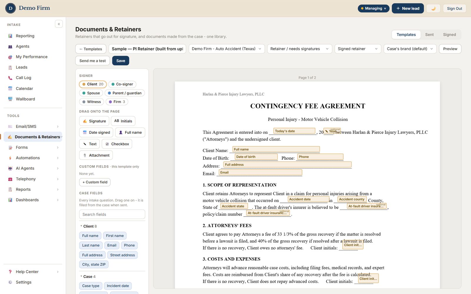 The retainer editor with signature and case fields placed on a sample fee agreement